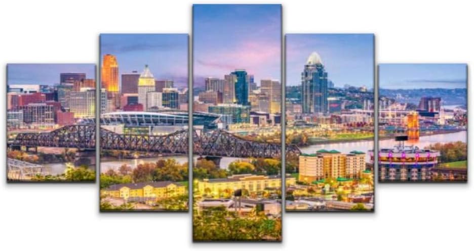 Amazon Com Night In U S Canvas Art Wall Cincinnati Ohio Skyline Modern Bridge Paintings Vintage Prints Home Decor Artworks Gift Ready To Hang For Living Room 5 Panels Large Size Posters Prints
