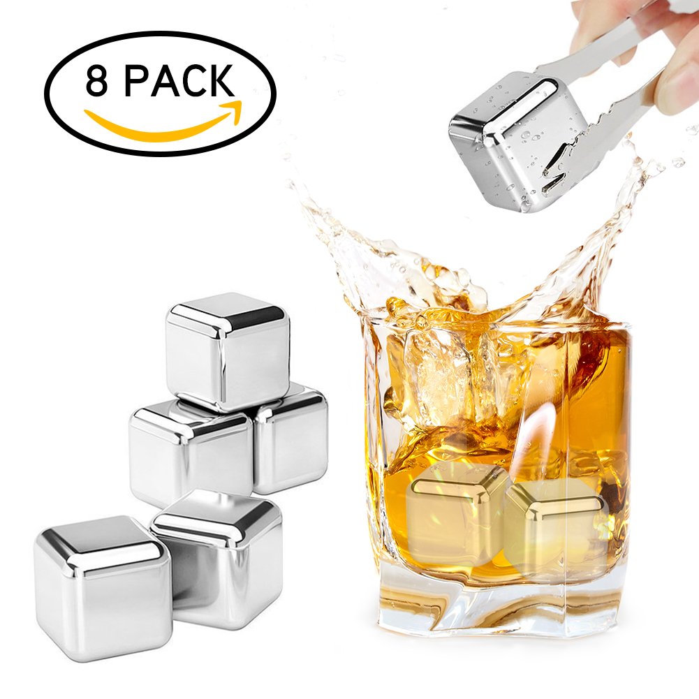Whiskey Stones, Stainless Steel Ice Cubes Set of 8 with Tongs,Reusable