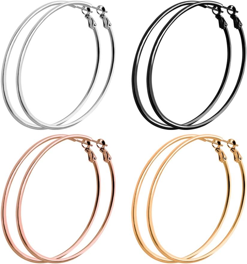 ❤4 Pairs Big Hoop Earrings Girls Women❤ SOITIS 60mm Hoop Earrings Stainless Steel Hypoallergenic 18K Gold Plated Rose Gold Plated Black Silver Hoops