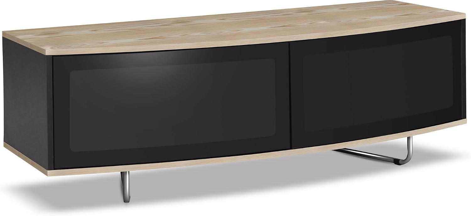Centurion Supports Caru Gloss Black and Oak Beam-Thru Remote Friendly Super-Contemporary D Shape Design 32"-65" LED/OLED/LCD TV Cabinet - Image 5