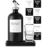 CMLKLZD Glass Mouthwash Dispenser for Bathroom, 16 OZ Mouth Wash Bottle Container with Pour Spout & Reusable Mouthwash Cups & Wood Tray & Labels, Black Bathroom Kitchen Decor and Accessories