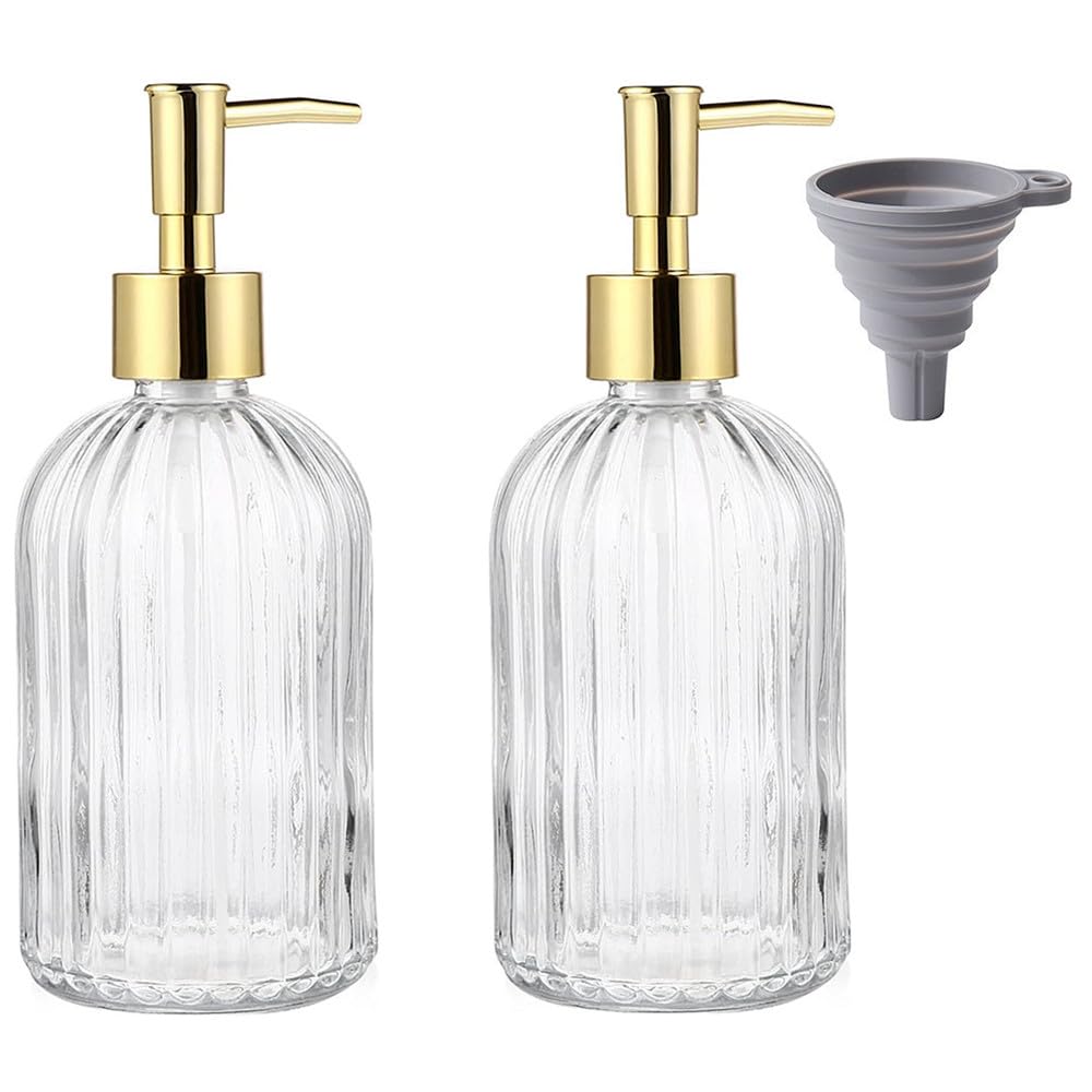 TRIXES Ribbed Glass Soap Dispenser Bottles, 2-Pack, Gold, 400ml with Silicone Funnel