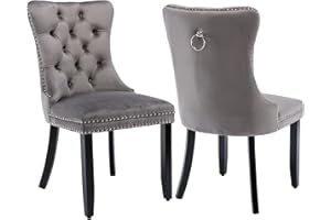 SHENYON Grey Velvet Dining Chairs Set of 2, Upholstered Dining Room Chairs with Back Ring Pull Trim and Solid Wood Legs,Tufted Wingback Kitchen Chairs for Dining Room,Living Room,Kitchen(Grey)