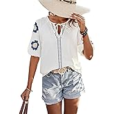 Pinclodly Mexican Embroidered Tops for Women Floral Short Sleeve Boho Tops Bow Tie V Neck Peasant Blouse Loose Summer Tops