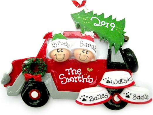 family of 3 with 2 dogs ornament