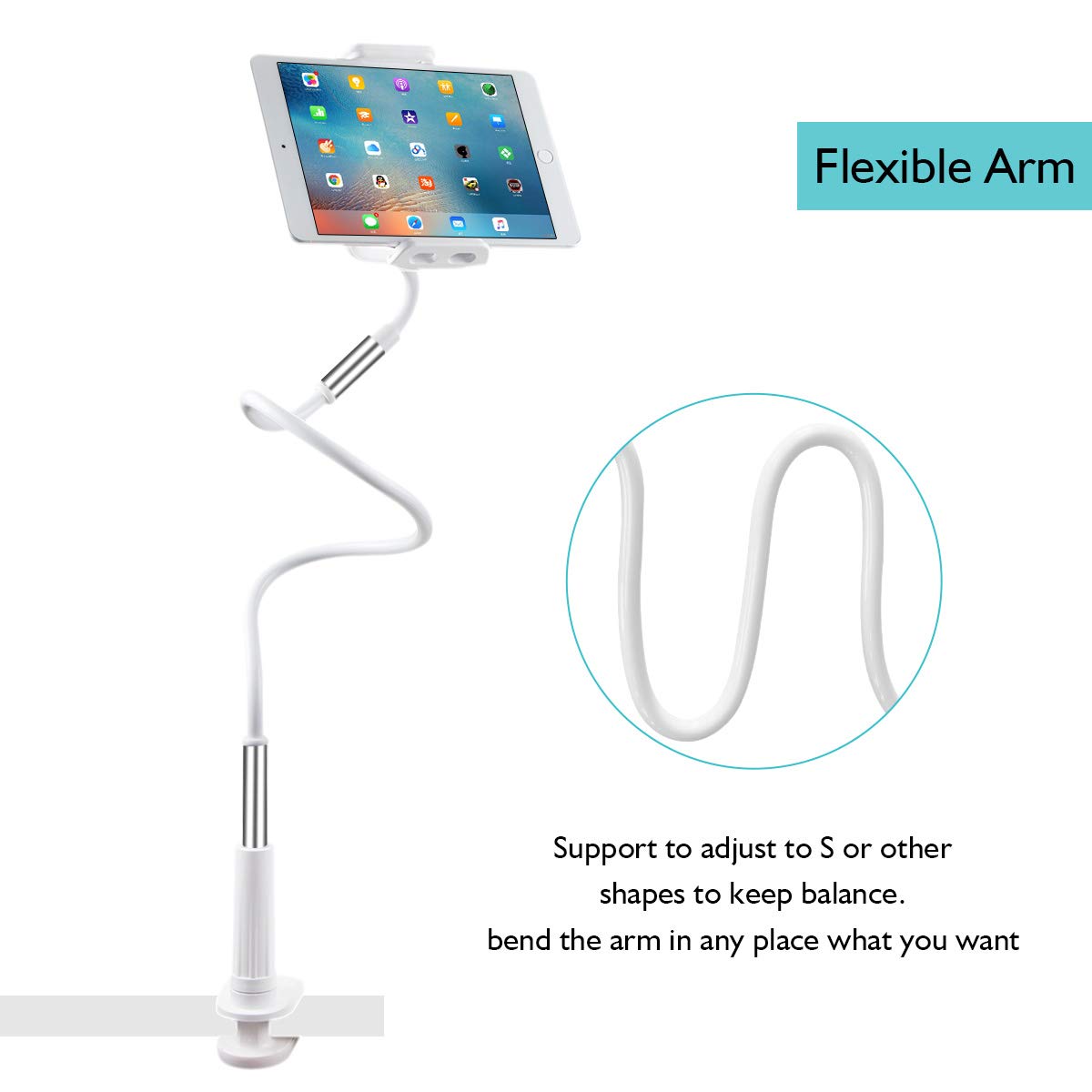 Licheers Lazy Phone Holder, 360 Rotating Flexible Long Arm Gooseneck Bracket for Universal Cell Phone, Solid Grip Securely Clamped to Counter Top, Bed Post, Desk (White)