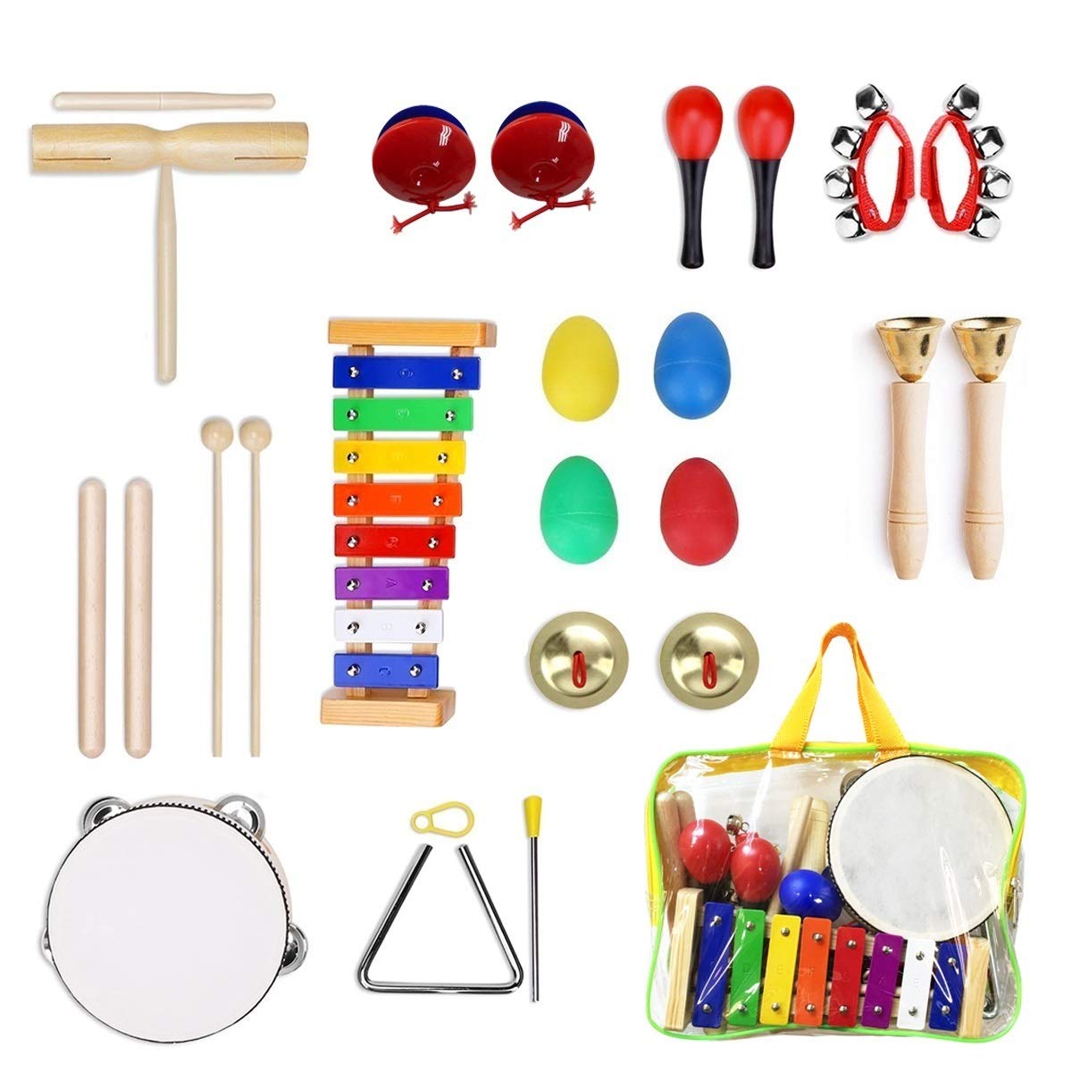 Percussion Musical Instruments Set for Kids, Ulifeme 24 Pieces Rhythm Band Toys Set, Wooden Xylophone Toy Set, Musical Instrument Gift for Baby, Child, Toddler and Preschool Children with One Bag