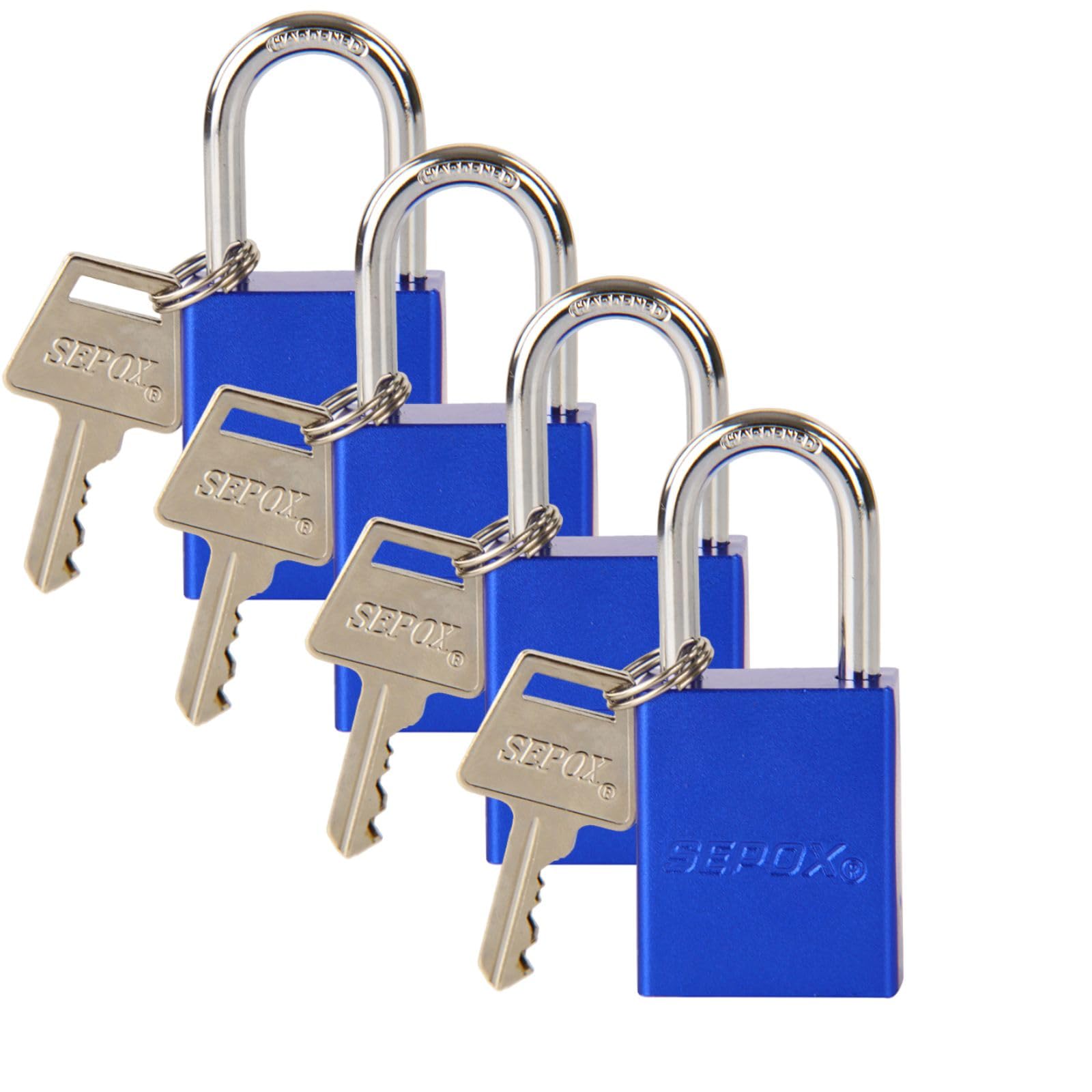 SEPOX Weatherproof Solid Aluminum Keyed Alike Padlock Industrial-Grade Padlock for Security Waterproof,Corrosion Resistant Safety,for Lock-Out,Garden,Locker-Lock,Sheds,Cabinets,Doors(Blue 4 Pack)