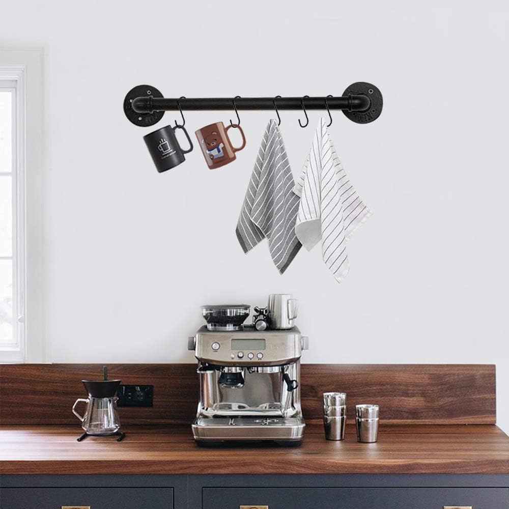 Industrial Pipe Pan Pot Rack Wall Mounted, Iron Coffee Cups Hanger Bathroom Towel Bar Black Kitchen Utensil Cookware Holder Storage Organizer With 10 Detachable S Hooks: Home Improvement