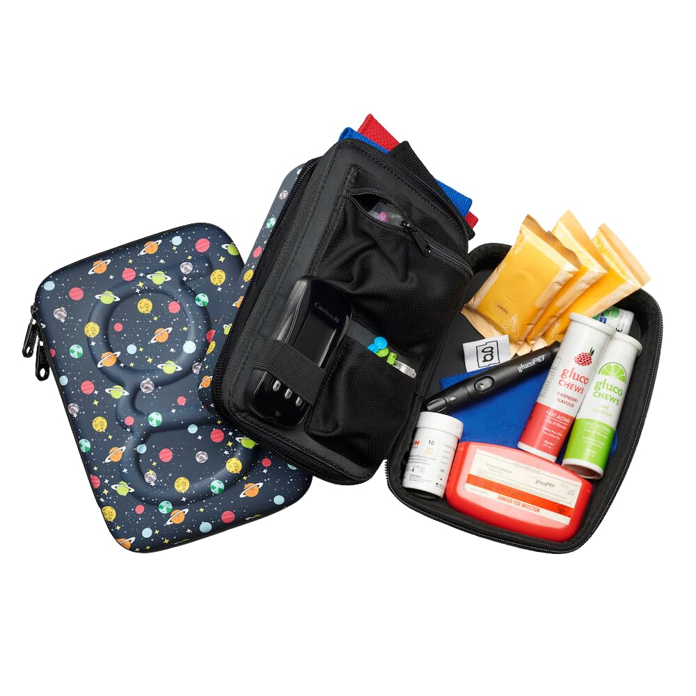 Glucology™ Diabetic Travel Case Plus Size - Organizer for Blood Sugar Test Strips, Medication, Glucose Meter, Pens, Insulin Syringes, Needles, Lancets - Hardshell Carrier Pack - Plus, Planets