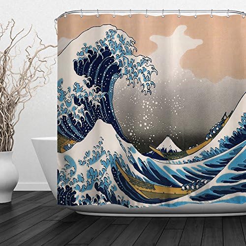 ALFALFA Home Bathroom Decorative Polyester Fabric Ocean Beach Theme Shower Curtain With Hooks, Waterproof, Mildew Resistant 72" W x 72" H (180CM x 180CM) - Ocean Wave Roll 1