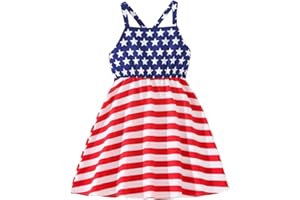 AKYZIC Girls 4th of July Outfit American Flag Dress Crisscross Back Red White and Blue Patriotic Dresses