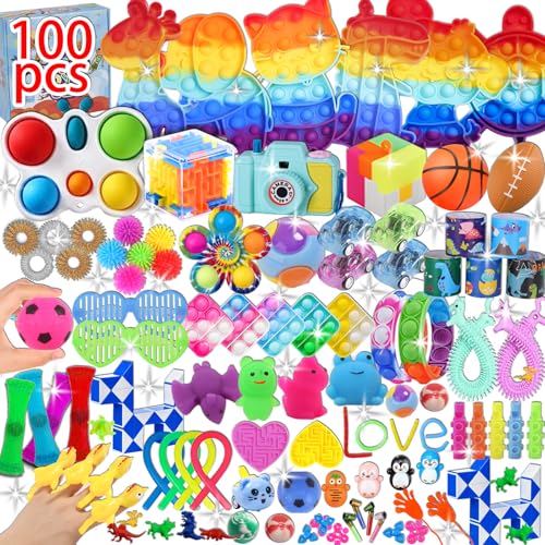 100 Pcs Party Favors for Kids, Fidget Toys Bulk, Birthday Gift Toys, Fidgets Stocking Stuffers, Treasure Box Birthday Party, Goodie Bag Stuffers, Carnival Prizes, Pinata Filler Stuffers for Classroom