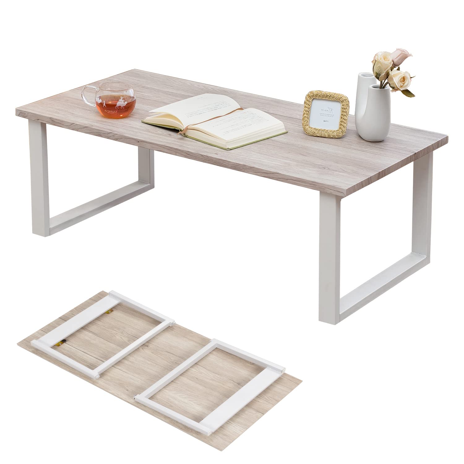 萩原(Hagihara) ローテーブル センターテーブル 折りたたみ テーブル 机 【木目調天板×スチール脚】 インダストリアル リビング ソファテーブル 幅90 ホワイト 白 頑丈 LT-4396WH商品画像