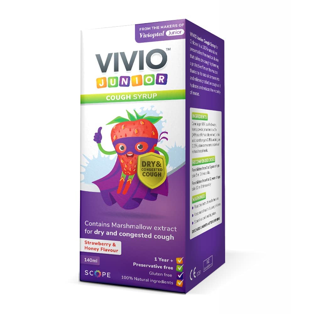 VIVIO Junior Cough Syrup – Strawberry & Honey Flavour, Preservative-Free with Natural Ingredients for Dry and Congested Cough Relief in Children 1 Year+ (140ml)