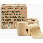 Purafide 100% Bamboo, thick 3-ply toilet paper, tree-free, unbleached, sustainable, 300 sheets per roll (TP 8 rolls)