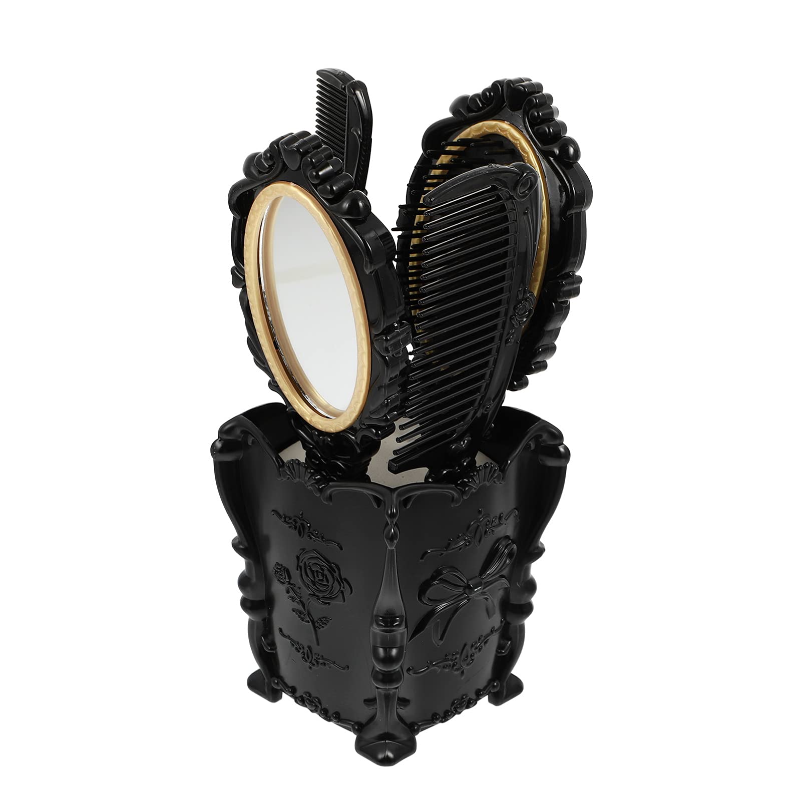 Lurrose 5Pcs Vintage Hand Mirror Comb Set Antique Embossed Cosmetic Mirror Hair Brush Travel Makeup Tools for Women Girls with Storage Holder Black
