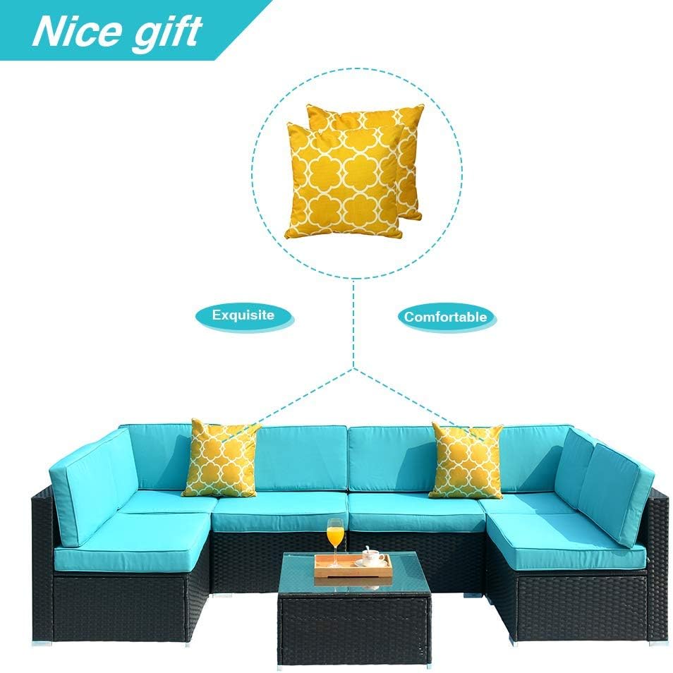 DKLGG 7 Pieces Patio Furniture, Outdoor Rattan Conversation Set, Blue : Garden & Outdoor