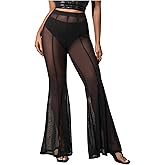 Milumia Women's Sheer Mesh Flare Pants Sexy High Waist Loose Bell Bottoms Party Club Trousers