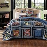 DaDa Bedding Bohemian Midnight Ocean Blue Sea Reversible Real Patchwork Quilted Bedspread Set - Dark Navy Floral Multi-Color Print - King - 3-Pieces