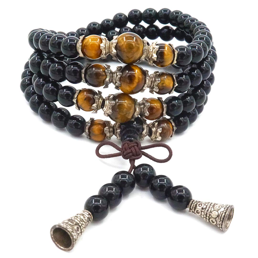 Thajaling 6MM Obsidian Bracelet 108 Beads Mala Tibetan Buddhist Buddha Tiger eye Necklace