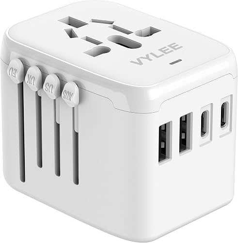 VYLEE Universal Travel Adapter, 5 in 1 European Travel Adapter (White) | International Plug Adapter W/ 3.5A 2xUSB-A and 2xUSB C Wall Charger and Worldwide AC Outlet for Europe USA UK AUS Asia