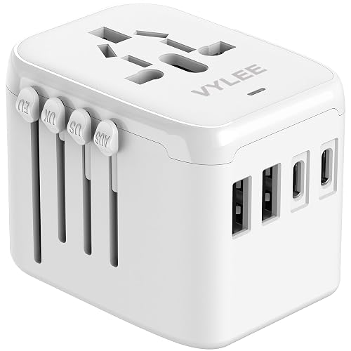 VYLEE Universal Travel Adapter, 5 in 1 European Travel Adapter (White) | International Plug Adapter W/ 3.5A 2xUSB-A and 2xUSB C Wall Charger and Worldwide AC Outlet for Europe USA UK AUS Asia
