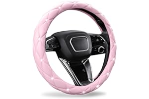 SuperKaKa Pink Steering Wheel Cover, Auto Cute PU Diamond Bling Breathable Slip-Proof Soft Comfort Leather Car Interior Acces