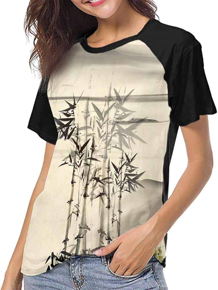 Casual T Shirts,Bamboo Leaf, Traditional Chinese Calligraphy Art Isolated on White Background S-XXL Tee Tshirts Women