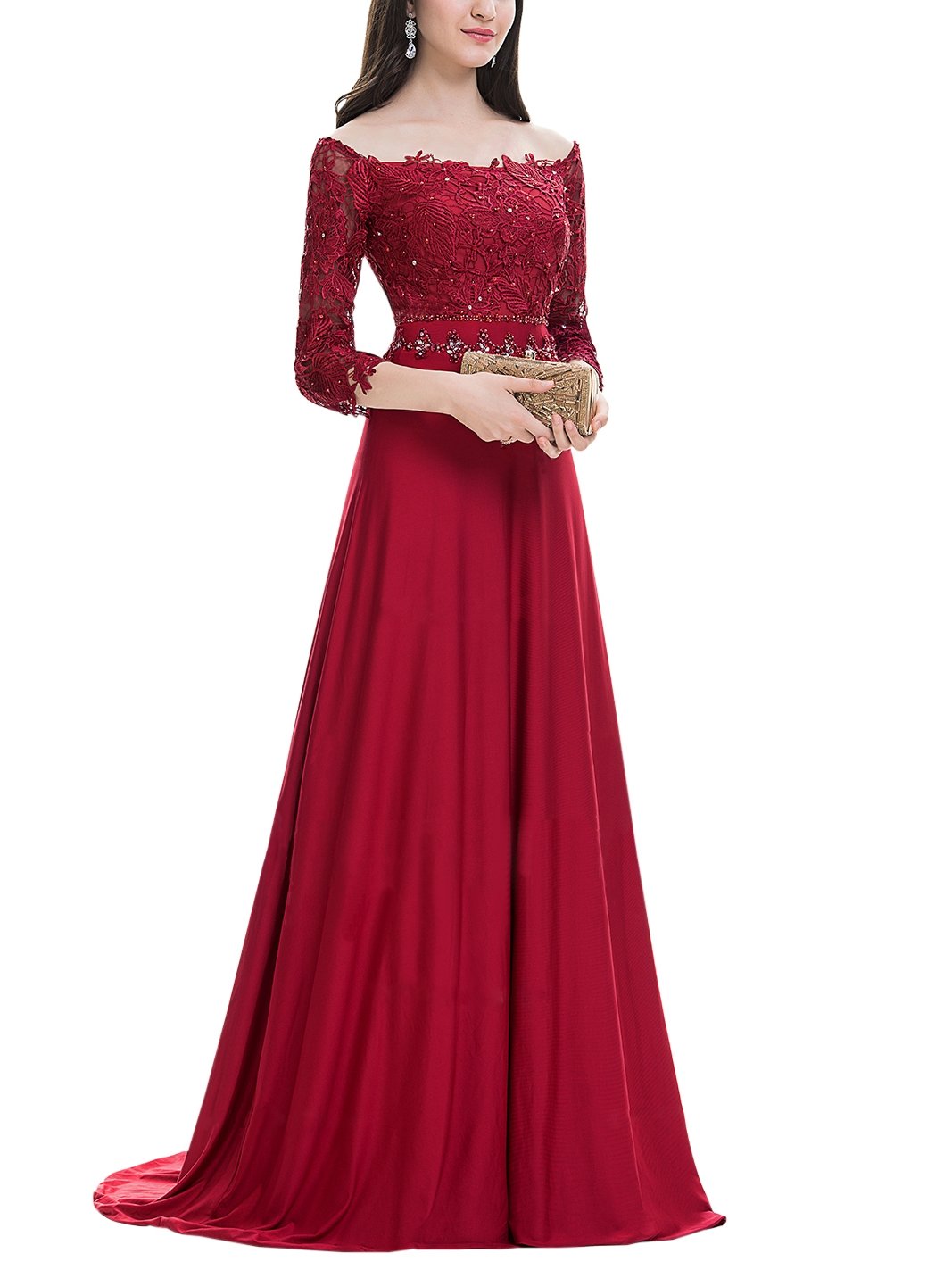 Doramei Women's ALine Formal Dress Satin Lace Off The Shoulder Half