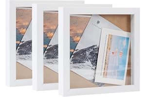 Muzilife 8x8 Shadow Box Picture Frame 3-Pack Wood 3D Picture Frame with Glass Cover Display Case for Medals, Wedding Memories, Tickets, and Photos, White