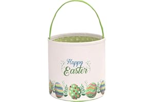LessMo Easter Bunny Basket Egg Buckets Gifts Tote Bags, Canvas Cotton Green Cute Personalized Egg Hunt Basket Stuffers for Easter Party