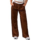 Herseas Women's High Waisted Wide Leg Contrast Waistband Long Pants 2025 Fall Casual Front Tie Velour Sweatpants