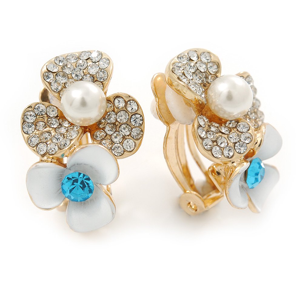 Crystal Faux Pearl Double Flower Clip On Earrings In Gold Tone/ 25mm L