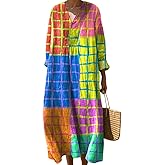 Women's Boho Smocked Long Sleeve Maxi Dress Summer Casual Loose Floral Beach Vacation Dress with Pockets