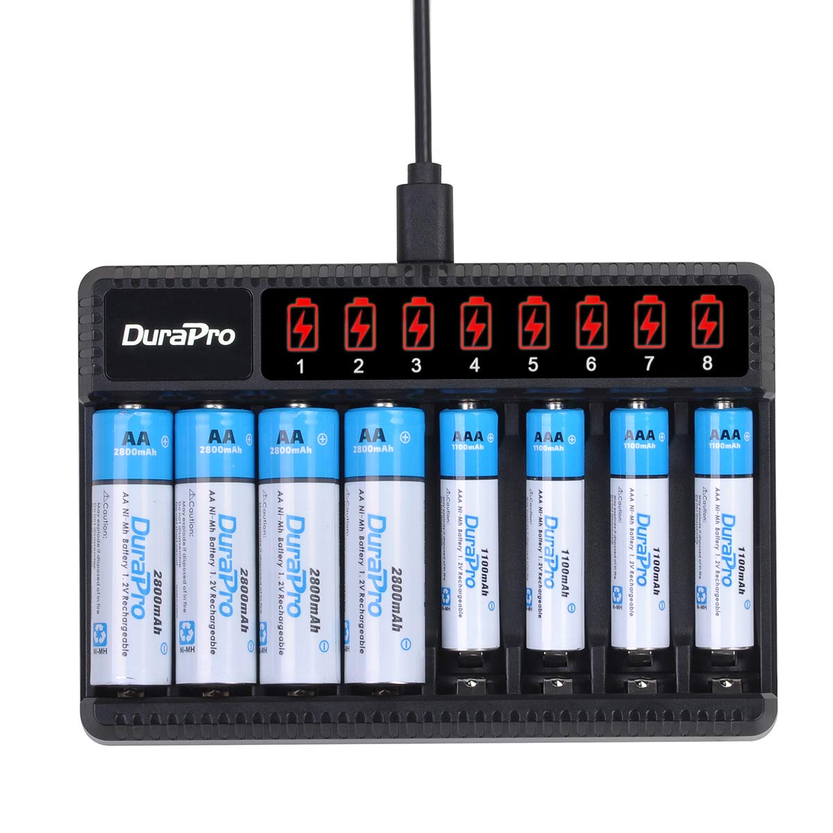 DuraPro 4X AA + 4X AAA Rechargeable Battery Ni-MH + Rapid Smart LCD 8-Slots USB Battery Charger for AA AAA Ni-MH Ni-CD Rechargeable Batteries