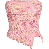 Milumia Girl's Floral Ruched Tube Top Strapless Lettuce Trim Split Hem Bandeau Tops