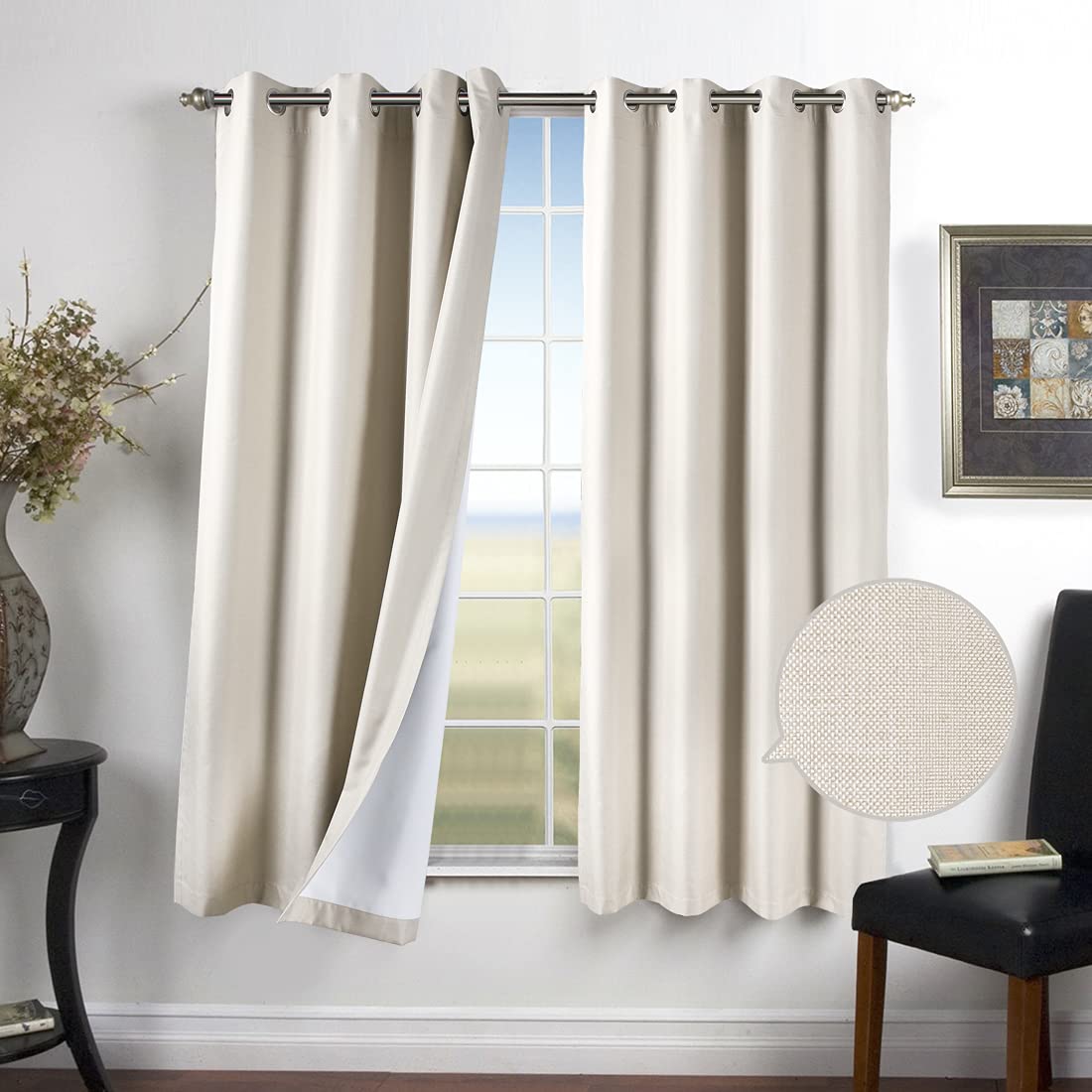 100% Blackout Curtains Cream Ivory Beige for Bedroom Thermal Neutral Textured Linen Faux Eyelet 46×72IN Lined Living Room Darkening Nursery Boys Girls Children Insulated 2 Panels Window Curtain