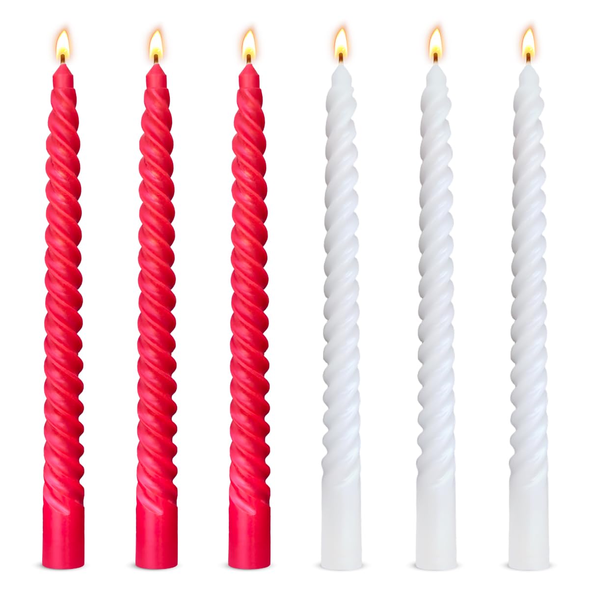 Photo 1 of 10 Inch 3 Red and 3 White Spiral Taper Candle Set, Unscented Dripless Candlesticks for Valentine’s Day, Holiday Décor, and Festive Dinners