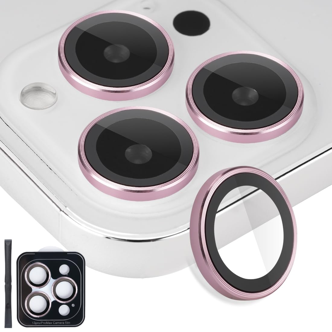 Rayorcon Camera Lens Protector for iPhone 13 Pro Max, Tempered Glass Lens Protector with Aluminum Alloy Ring, Fits iPhone 13 Pro/Max (Pink)