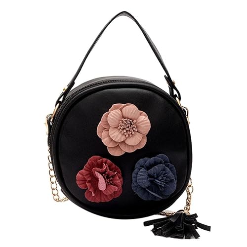BESTVECH Black Fashion Women PU Round Shoulder Bag Flower Printed Tassel Handbag Crossbody