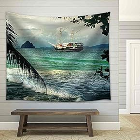 Beautiful Seascape with Sailing on The Sea of Old Ships Against Cloudy Sky and Islands - Fabric Wall Tapestry Home Decor - 51x60 inches