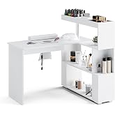 HolaiNail Manicure Table with Dust Collector, Reversible Nail Desk (White) | L-Shaped Rotating Table &amp; Storage Shelf, Arm Rest &amp; 4 Dust Bags Included, Beauty Salon Station, Easy to Clean