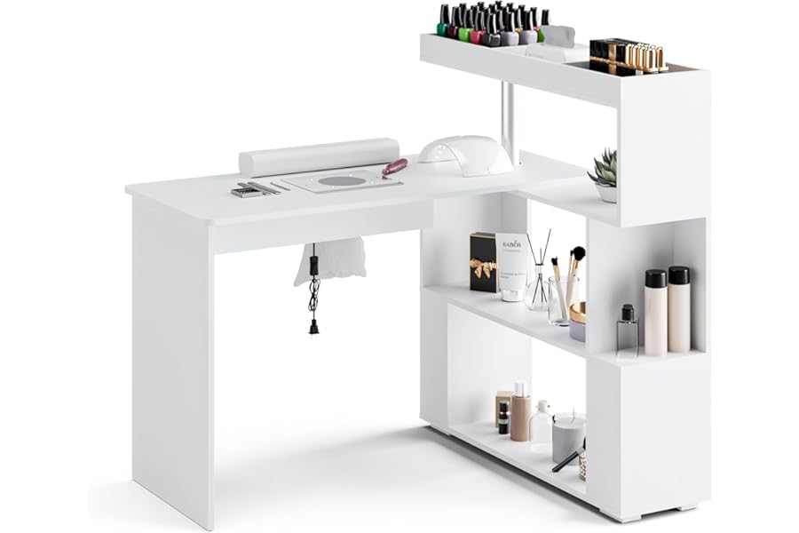 HolaiNail Manicure Table, L-Shaped Nail Tech Desk with Dust Collector, Reversible Rotating Table & Storage Shelf, Acetone Resistant Beauty Salon Station, White