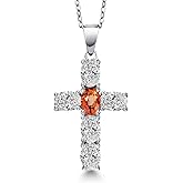 Gem Stone King 925 Sterling Silver Lab Grown Diamond and Orange Sapphire Cross Pendant Necklace for Women | 2.55 Cttw | Gemstone April Birthstone | Oval 6X4MM | With 18 Inch Chain