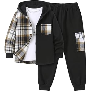 PureChapter Boys' Sweatsuits 2 Piece Outfits Plaid Hooded Jacket and Jogger Pants Set for Boys 7-15