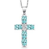 Gem Stone King 925 Sterling Silver Blue Apatite and Lab Grown Diamond Cross Pendant Necklace for Women | 3.02 Cttw | Gemstone Birthstone | Oval 6X4MM | With 18 Inch Chain