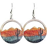 Handmade Boho Nature Wooden Mountain Dangle Drop Earrings Lightweight Wood Hollow Teardrop Hook Earring Tree Cactus Pattern Statement Earring Outdoor Enthusiast Jewelry Gifts