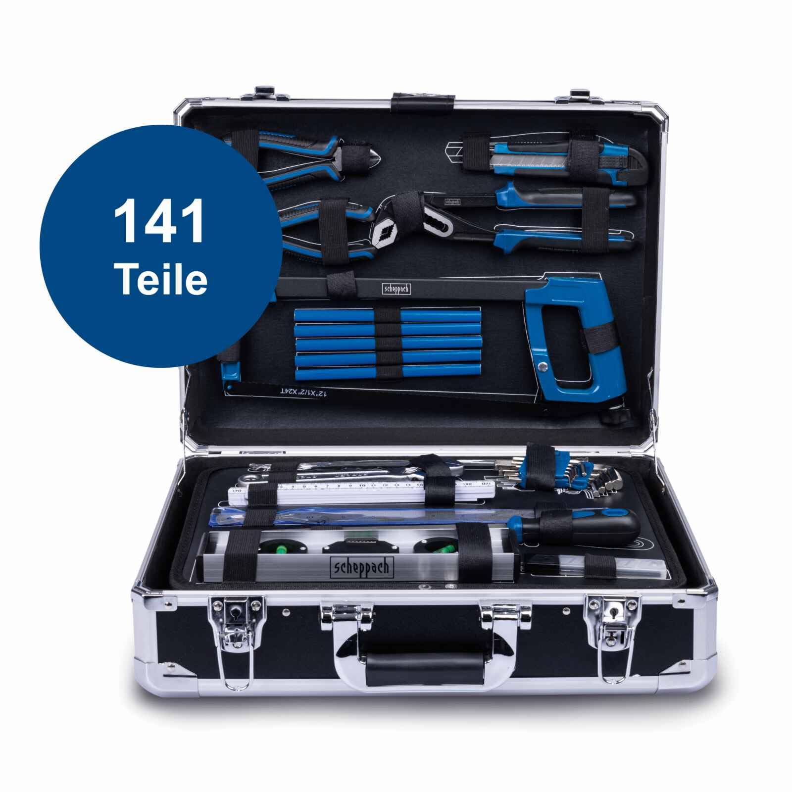 Scheppach TB200 Aluminium Werkzeugkoffer gefüllt 141-tlg Werkzeug Set | Werkstattkoffer bestückt mit Schraubenschlüssel, Hammer, Zange, Schraubenzieher, Werkzeugkiste für Werkstatt und Haushalt 2