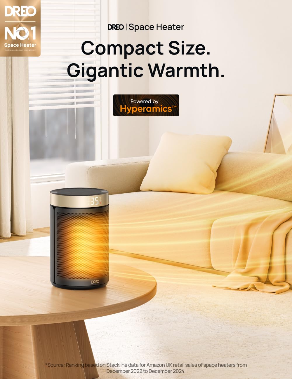 Dreo Electric Heater, 1500W Energy Efficient Space Room Heater, Upgrade Remote Portable Ceramic Fan Heaters, Thermostat, 3 Modes 12H Timer, Overheat & Tip Over Protection, for Bedroom, Atom 316, Gold